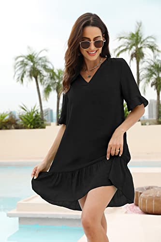 Hount Women's Swimsuit Cover Ups Deep V-Neck Beach Bathing Suit Coverups Short Sleeve Flowy Swimwear Cover Ups(Black,L) #TOP5