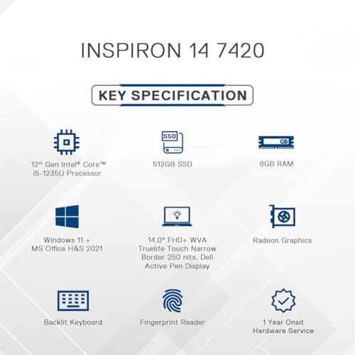 Image of Dell Inspiron 7420 2in1 Laptop, Intel Core i5-1235U Processor /8GB /512GB SSD /14.0 inch (35.56cm)FHD+ with 16:10 Aspect Ratio /Active Pen /Win 11+ MSO'21 /McAfee 15 Months /Backlit KB +FPR /Platinum Silver /1.5kg