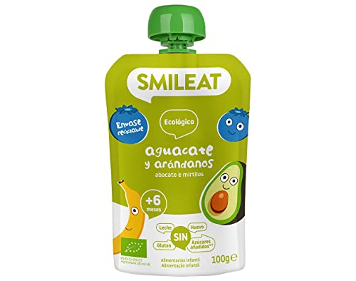 Smileat - Pouch de Aguacate y Arándanos, Ingredientes Naturales Bebibles, Para Bebés a Partir de los 6 Meses - 100g