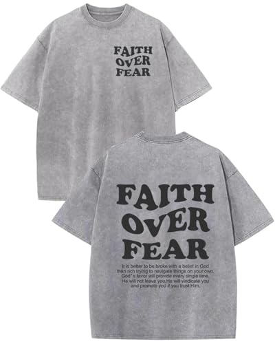 Image of Christian Shirts for Men Faith Over Fear Oversized Shirt Acid Wash Tshirt Graphic Religious T Shirt Bible Verse Tees