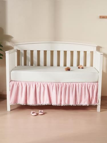Image of TILLYOU Baby Crib Skirt Girls Boys, Ruffled Bed Skirt with Pompoms, 28 inchx 52 inch, 14'' Drop, Pink