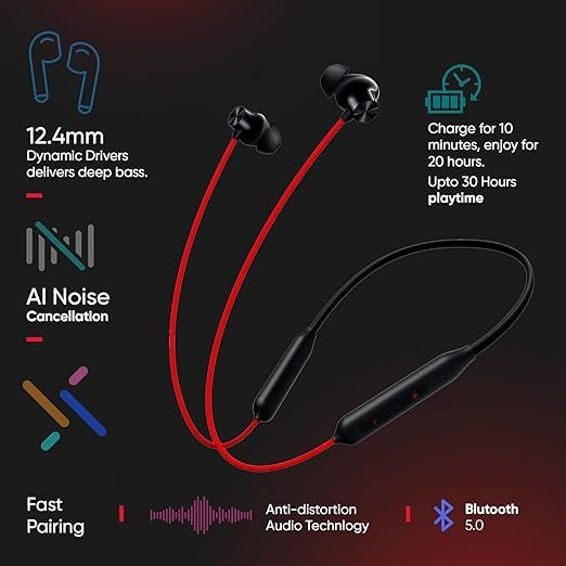 Image of Original Feather Fit Compatible with OnePlus Z3 Wireless Earphones Youth Edition - Bluetooth Neckband with Mic 12.4mm Drivers IP55 with 12.4mm Drivers (Black & red)