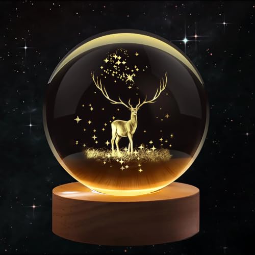 Image of ANKRI Deer 3D Crystal Ball Night Light with Wooden Base - Creative 6 cm Crystal Ball Table Lamp for Bedroom, Home, Office Decor & Gifting