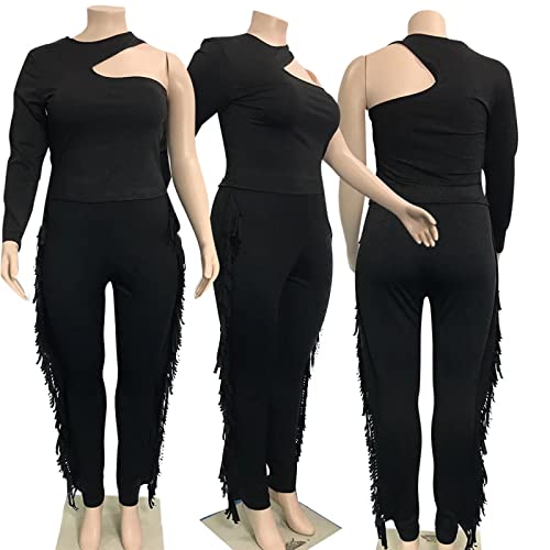 Iymoo Women's Casual Plus Size 2 Piece Pants Set Long Sleeve One Shoulder Cutout Crop Top Fringe Pants Tracksuits Outfits Black 1X #TOP4