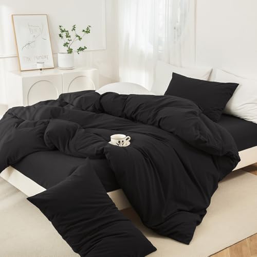 JIYUAN 100% Washed Cotton Duvet Cover Set 3 Pieces Super King, 1 Duvet Cover 108x98 Inches(Comforter Not Included) and 2 Pillowcases,Linen Feel Bedding Set Comfy and Breathable,Black