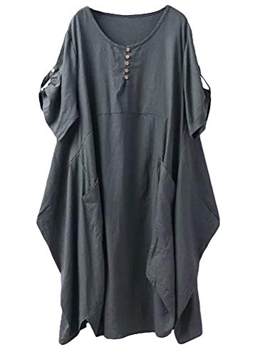 FTCayanz Damen Tunika Kleider Sommer Kurzarm Leinenkleider Boho Lang Sommerkleider Große Größen Armeegrün XXL