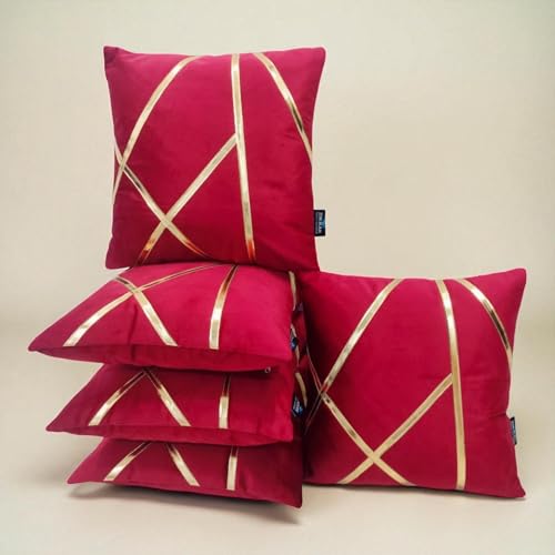 Image of Zikrak Besur Gold Stripe On Velvet|Pack of 5 Cushion Cover|for Home Decoration|Living Room Decor|Hotel Premeuim Quality Cushion Cover|Exclusive ON Amazon (Maroon, 24 X 24 INCH(60 X 60 CM))