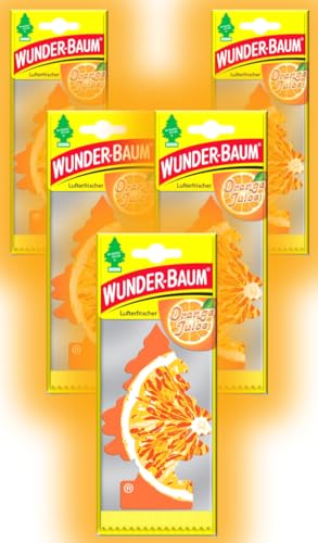 Wunder-Baum Profumo per auto, deodorante a forma di albero profumato, 5 pezzi + penna light-tribe (Orange Juice)