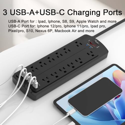 Image of Power Strip, Nuetsa Surge Protector with 12 Outlets and 4 USB Ports, 10 Feet Flat Plug Extension Cord for Home, Office, Dorm Essentials, 2700 Joules, ETL Listed, Black