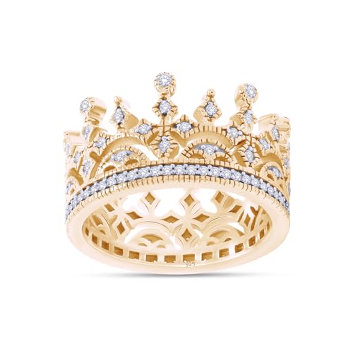 AFFY Royal Style Round Shape White Cubic Zirconia Crown Ring in 14K Gold Over Sterling Silver