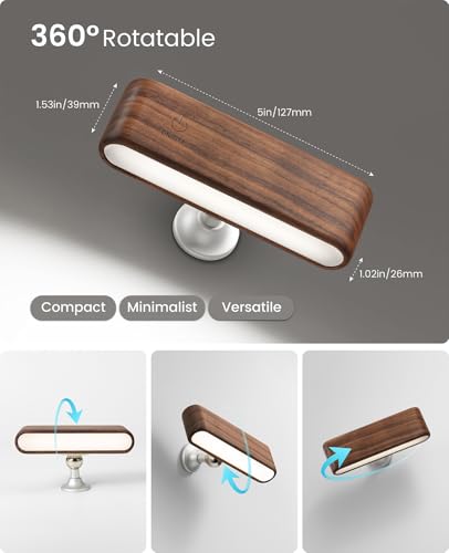 Image of Wood LED Wall Sconce Magnetic 360Rotate Wall Mounted Lamp Brightness Adjustable Night Lights Rechargeable Battery Powered Reading Light for Bedside Hallway Living Room (1 Pack Black Walnut)