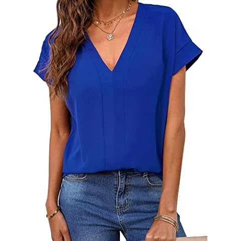 Pterygoid Women Casual V Neck Tunic Tops Blouse Ladies Summer Shirts Blue Cover