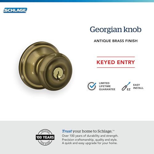 Image of SCHLAGE F51A GEO 609 Georgian Knob Keyed Entry Lock, Antique Brass