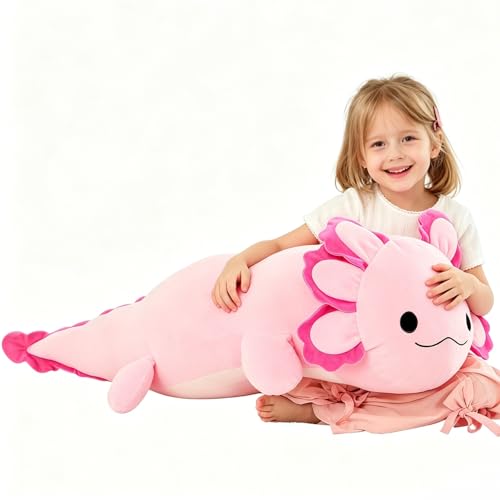 Image of BENINY 39-Inch Giant Axolotl Plush Pillow, Hot Pink Large Stuffed Animal, Extra Soft Huggable Cuddly Toy Gift for Kids Girls Boys, Birthday Christmas Room Decor