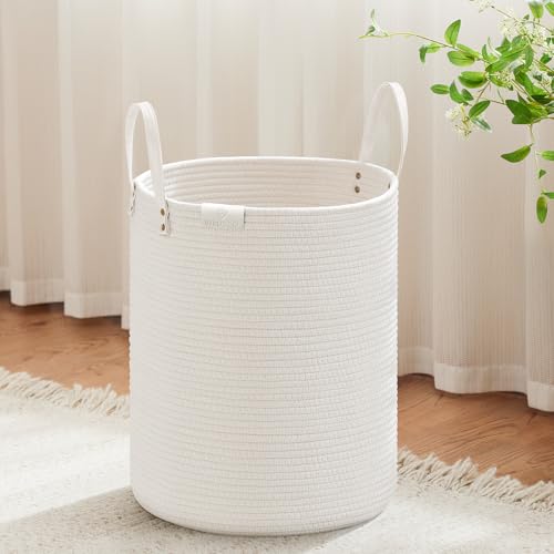 Image of VIPOSCO 53L Tall Woven Rope Laundry Hamper, Leather Handles, White | Large Wicker Laundry Basket for Dirty Clothes, Blanket, Toy, Towel, Yoga Mat, Storage Bin in Bedroom, Bathroom, Living Room