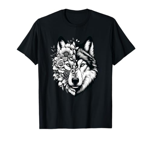 Lobo y flores, gráfico de lobo y cara de lobo floral Camiseta