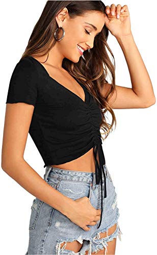 Verdusa-Womens-Ruched-Drawstring-Front-V-Neck-Crop-Tee-Top
