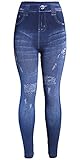 KMystic Women's Denim Print Fake Jeans Leggings (Knee Ripped)
