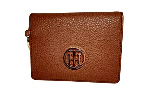 Tommy Hilfiger Porta-cartões de couro genuíno feminino com logotipo dourado, Dourado, marrom, Standard, Clássico