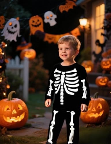 MOMBEBE COSLAND Boys Halloween Pyjamas Kids Skeleton Nightwear Girls Cotton Sleepwear, Black, 5 Years - Image 3