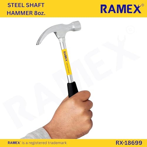 Image of RAMEX Steel Shaft Hammer 8 Oz - Forged Steel Head for Superior Strength & Durability - Carpenter Tools for Wood Work, Home and Professional, 2 in 1 Combination Claw & Flat Head, 400gm (Pack of 1), DIY