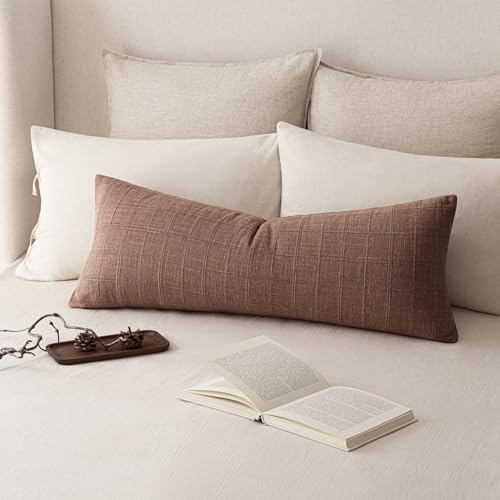 Image of Foindtower Set of 1 Decorative Linen Check Throw Pillow Cover Neutral Farmhouse Lumbar Cushion Cover Soild Modern Boho Home Decor for Sofa Chair Couch Bedroom Living Room,14x36 Inch,Autumnal Red