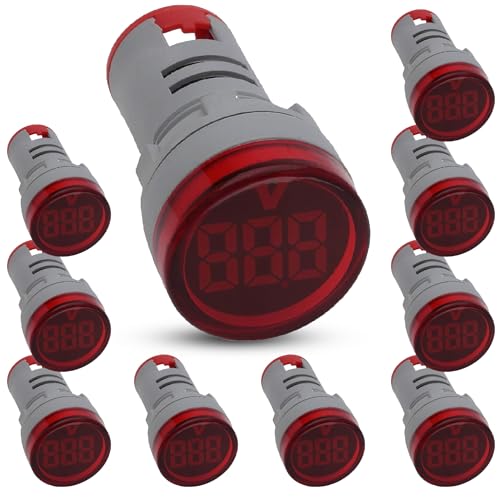 Led Voltage Indicator 22 mm – Digital Voltmeter AC50-500V with led Voltage Display for Control Panels, Machines and Distribution Boxes (10 Pack Red)