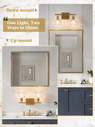 Image of 3-Light Vintage Bathroom Vanity Light, 19.4 inch Brass Hardwired Wall Sconce with Amber Tulip Glass Shades, Brushed Gold Vanity Light for Mirror, Restroom, Bedroom (Clear, 2-Light)