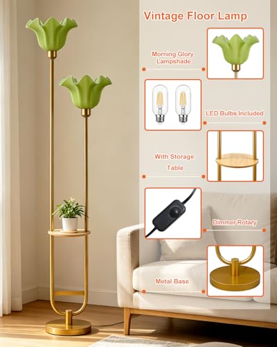 Image of Lightdot Dimmable Green Flower Floor Lamp for Living Room, Modern Mid Century Floor Lamp with Table, U-Shape 2 Lights Gold Tall Standing Lamp for Bedroom /Sofa Beside /Corner Decor(Bulb Included)