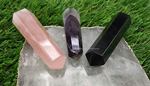 Image of Amazing Gemstone Set of 3 Amethyst, Rose Quartz, Black Tourmaline Crystal Towers - Natural Healing Crystal Point Obelisk for Reiki Healing and Crystal Grid (2 Inch to 3 Inch)