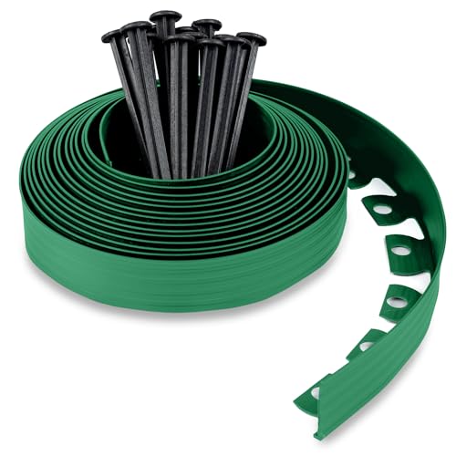UNIGARDIA Bordura Flexible de Jardín 10 m, Altura 50 mm - Borde Jardín Exterior con 30 Estacas de Anclaje - Borde para Césped de Plástico Reciclado - Fácil Instalación, Delimitadores de Bordes, Verde