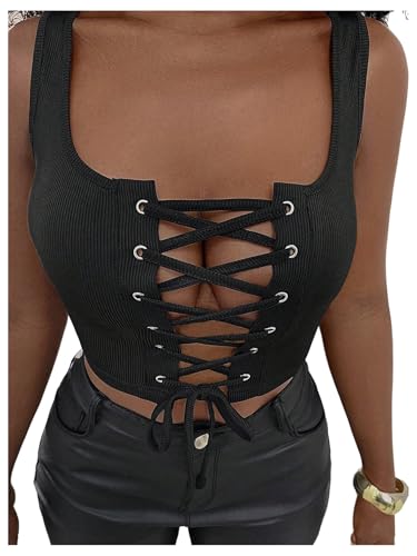 Verdusa Women's Lace Up Top Y2k Sleeveless Ribbed Shirt Date Crop Tank Concert Tank Top
