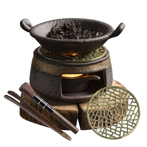 Cedar Aromatherapy Burner & Ceramic Oil Warmer for Home & Office (Heat-Resistant Double-Handled Baking Tray + Stone-Patterned Oven + Old elm Wood mat + Accessories)
