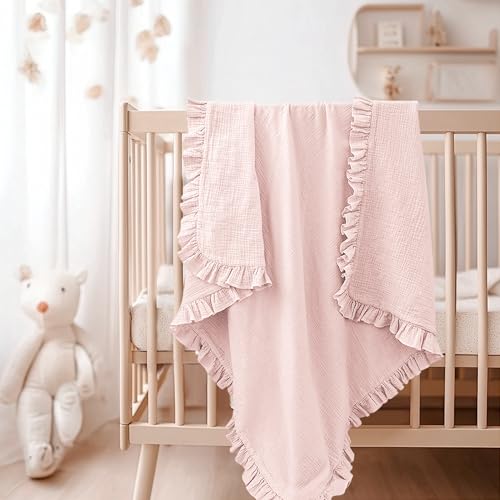Image of Konssy Flounce Muslin Baby Blanket for Girls Boys, 100% Cotton Soft Crib Swaddle Blankets, Reversible & Breathable Nursery Bedding for Newborns Toddlers, 43 x 39 Inches (Baby Pink)