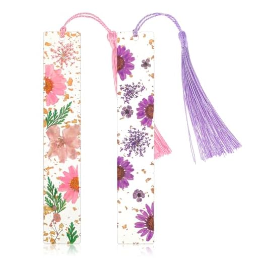 Dimeho 2 marcapáginas de flores prensadas de resina transparente con borlas, bonito marcador floral seco hecho a mano, accesorios de lectura, regalo para amantes de los libros, gusanos de biblioteca y