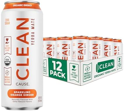 CLEAN Cause Zero Sugar Yerba Mate Organic Energy Orange Ginger, 12Pack 16oz