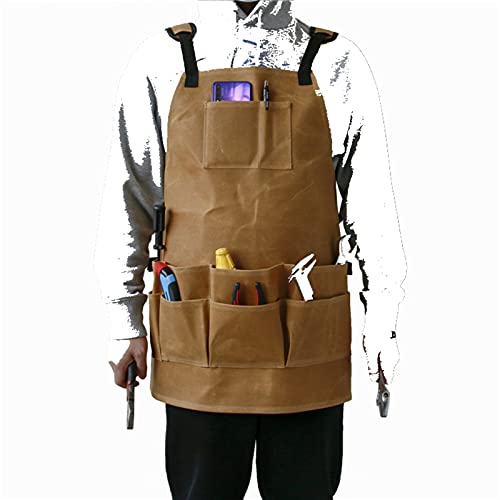 Unisex Arbeitsschürze, Verstellbare Werkzeugschürze Mit 11 Taschen, Wasserdichtes, Gewachstes Canvas Braun 65 * 66cm Cover