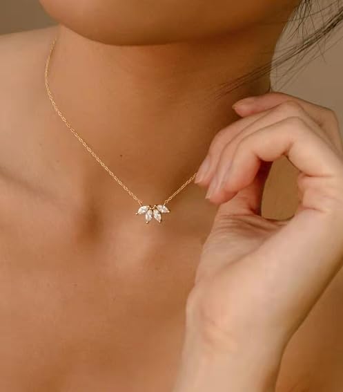 Kyerlyn Diamond Necklaces for Women, Dainty Leaf Necklace 14K Gold/Silver Plated CZ Heart Pendant Necklace Simple Flower Choker Necklaces Elegant Everyday Jewelry Gift - Image 2