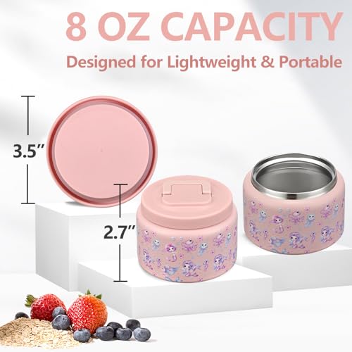 Image of PIQUEBAR 8oz Kids Thermo for Hot Food,Small Lunch Thermo Food Container Stainless Steel,Easy Open Wide Mouth Thermo for Hot Cold Food for Preschool Travel (Pink Seahorse)