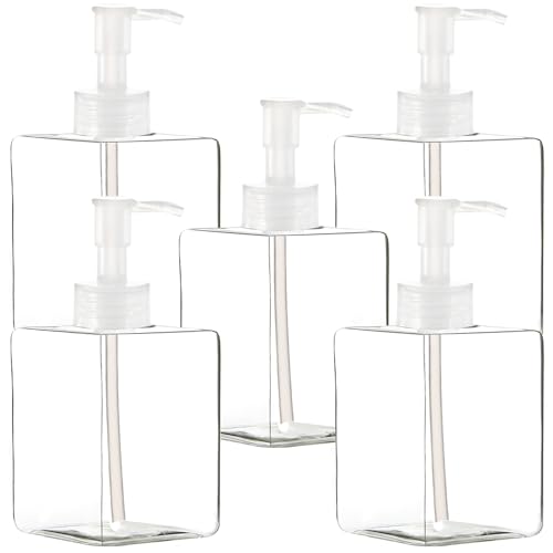 Youngever 5 Pack Clear Plastic Square Pump Bottles, Refillable Plastic Pump Bottles for Dispensing Lotions, Shampoos (12 Ounce Clear)