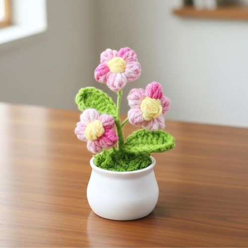 Image of SATYAM KRAFT 1 Pcs Artificial Crochet Flower /Artificial Daisy Flowers /Crochet Bouquet for Girls Home Decor Gifting Car Dashboard Office Bedroom (Flower with Pot)