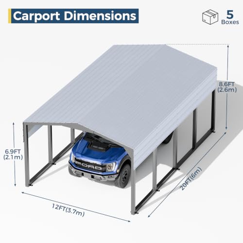 Image of Military-Grade Metal Carport 12x20 FT, Heavy- Duty Galvanized Steel Roof | 2x2 inch Steel Poles with Powder Coating, 17-Gauge Walls,100 PSF Snow Load Roof, Hurricane Resistant, Pickup, Truck, Ash Gray