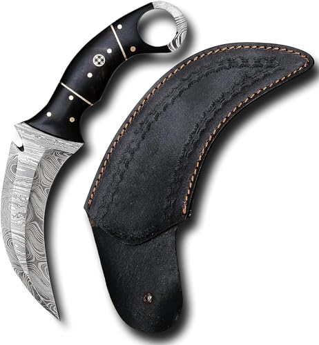 RC Damascus Hunting Knife with Free Leather Sheath | 9'’ EDC Knife for Men | Full Tang Fixed Blade handmade Knives 
