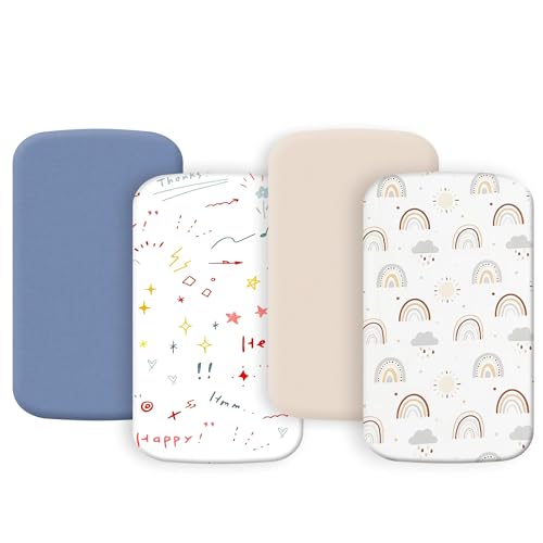 Image of 4 Pack Bassinet Sheets 20" x 33", Compatible with Angelbliss, YADAQE, Maxi-COSI Iora/Swift, Pamobabe, BIERUM and Papablic Baby Bassinet, Soft and Skin-Friendly, Blue and Color Rainbow