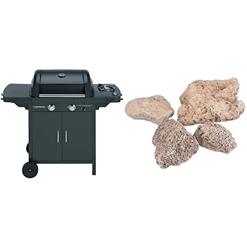 Campingaz 2 Series Classic Exs Vario Barbacoa De Gas Con 2 Quemador, 7.5Kw De Potencia, Parrilla Y Plancha De Hierro Fundido, 1 Mesa Lateral, 10 Litros, Negro/Gris + 205637 - Piedras Lava, 3 Kg