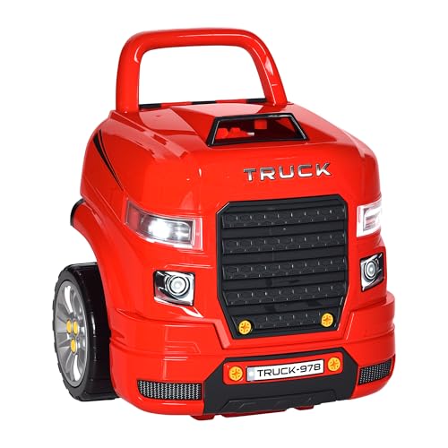 HOMCOM Motor de camião para crianças de + 3 anos conjunto de motor de brinquedo com 61 peças volante buzina faróis caixa de armazenamento e rodas 40 x 39 x 47 cm vermelho