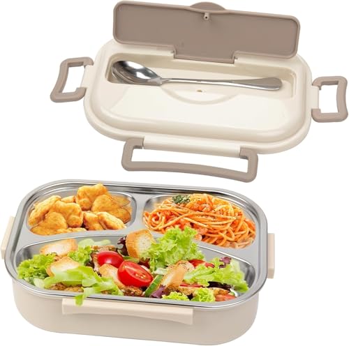 GMYIAK Tragbare Lunch Box mit 3 Fächern und Wiederverwendbarem Löffel,für Büro und Reisen,304 Edelstahl Isolierte Lunchbox 1 l