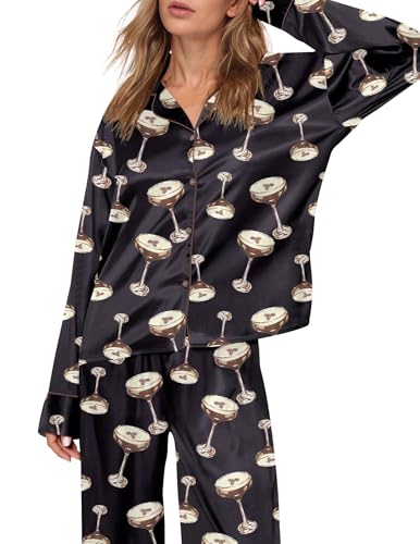 Women Silk Satin pajamas Set 2 Piece Espresso Martini Pajama Long Sleeve Funny Cocktail Pj Button Down Casual Loungewear2