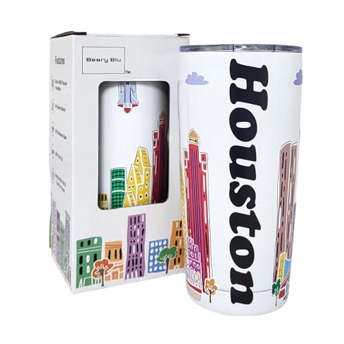 Beary Blu City Themed Artwork Tumbler Collection - Designed in the USA - 20oz Vacuum Insulated Tumbler with Lids - Stainless Steel Coffee Travel Mug with, Cup for Hot Cold Drinks (Houston)