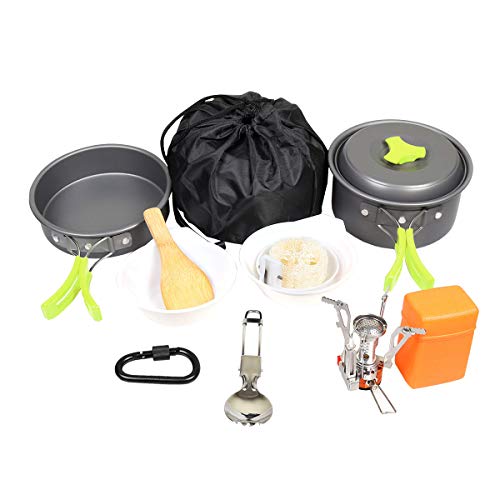 Goetland 12 Pcs Camping Cookware Set Mess Kit Backpacking Cookset Outdoor Hiking Picnic Non-Stick Cooking Anodized Aluminum Pot Pans Folding Utensils